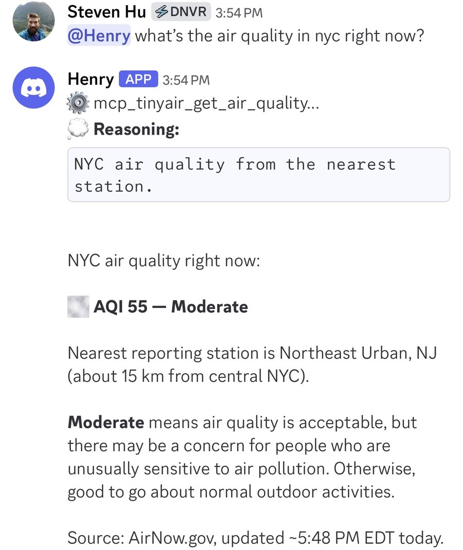 Discord bot Henry calling mcp_tinyair_get_air_quality and reporting NYC at AQI 55 Moderate, nearest station Northeast Urban NJ