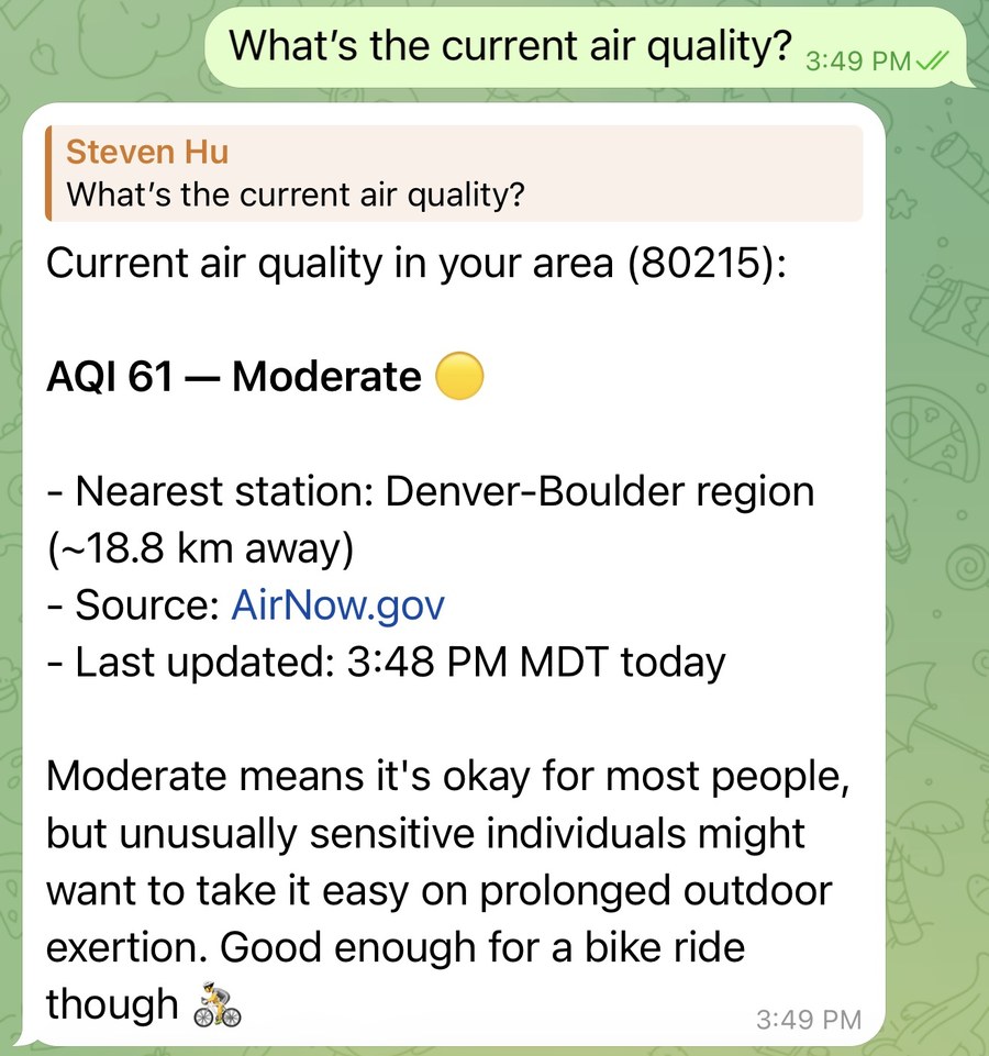Telegram chat: "What's the current air quality?" answered with AQI 61 Moderate for zip 80215, nearest station Denver-Boulder, source AirNow.gov, plus a note that it's fine for a bike ride